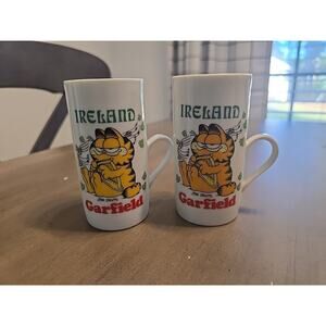 Set Of 2 Garfield The Cat VTG White Ceramic Ireland Coffee Tea Mug Cup 1978 J.D